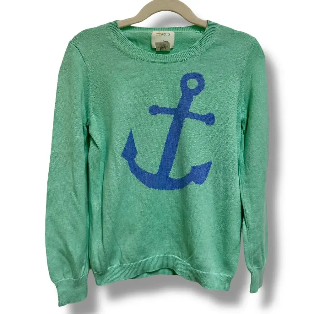 Crewcuts Girls Sweater Size 8 Mint Green Blue Anchor 100%‎ Cotton